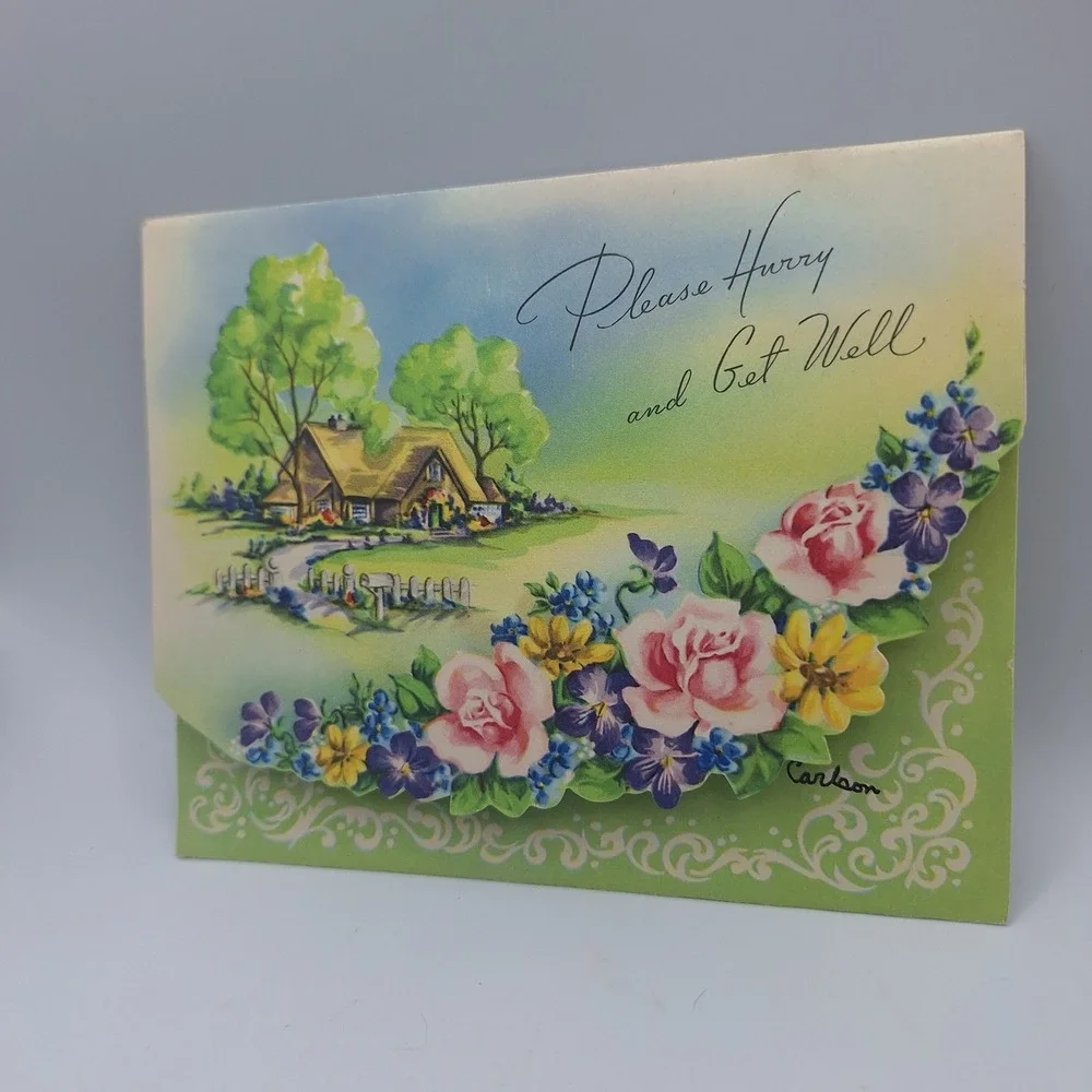 Vintage Carlson Pop Up Get Well Card Cottage‎ Floral Design